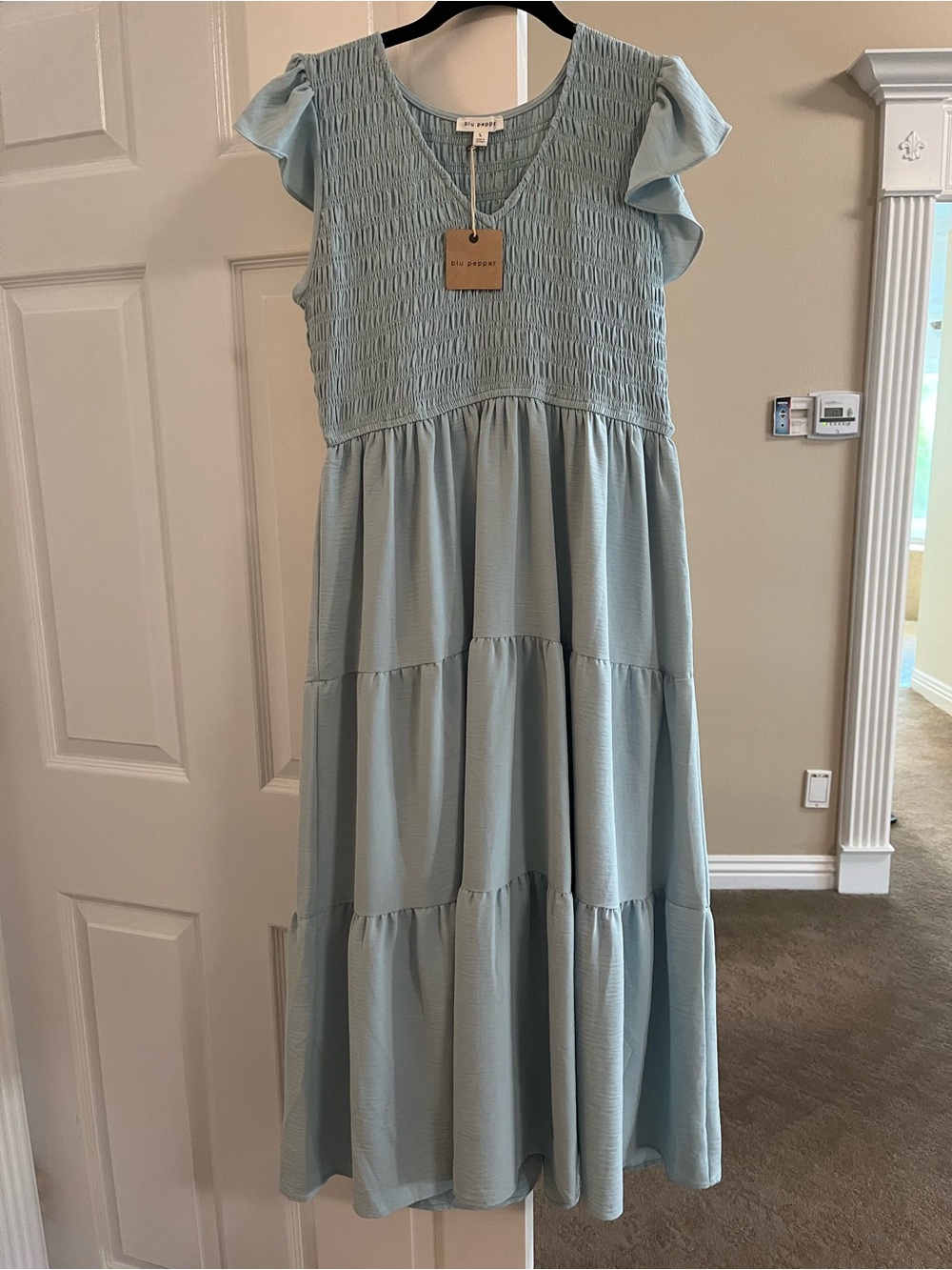 Blu Pepper Light Blue Smocked Tiered Dress with Flutter Sleeves and lining